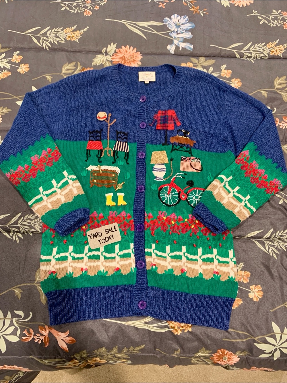 Vintage Susan Bristol Novelty Yard Sale Sweater Cardigan Embroidered Size M